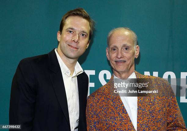 Moderator , Christopher Bollen and John Waters attend John Waters book signing of "Make Trouble" at Barnes & Noble Union Square on April 11, 2017 in...