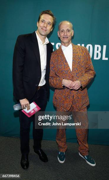 Moderator , Christopher Bollen and John Waters attend John Waters book signing of "Make Trouble" at Barnes & Noble Union Square on April 11, 2017 in...