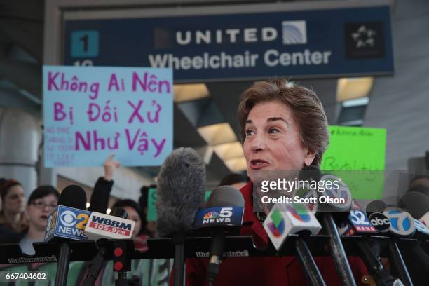 Representative Jan Schakowsky joins demonstrators speaking out against police brutality outside the United Airlines terminal at O'Hare International...