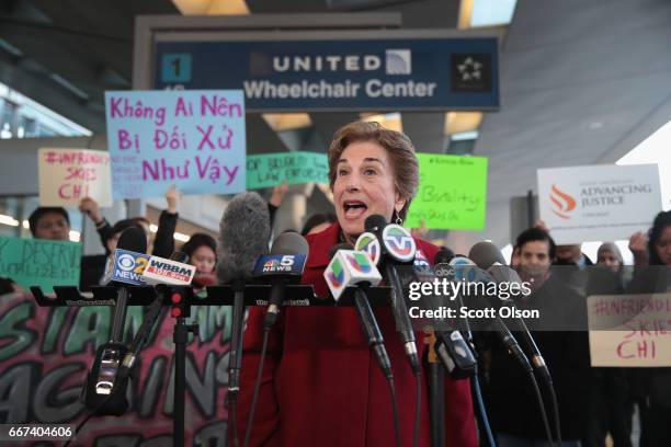 Representative Jan Schakowsky joins demonstrators speaking out against police brutality outside the United Airlines terminal at O'Hare International...