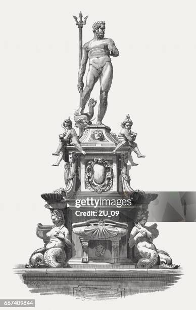 neptun-brunnen, skulpturen (1565) von giambologna, bologna, italien, veröffentlicht 1884 - poseidon sculpture stock-grafiken, -clipart, -cartoons und -symbole