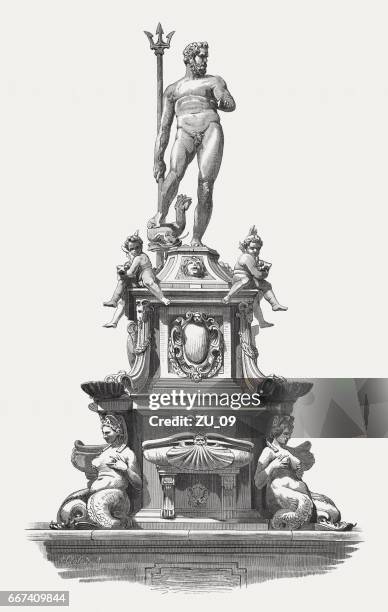 ネプチューンの噴水、彫刻 (1565) ジャン ボローニャ、ボローニャ、イタリアで公開された 1884 - 噴水点のイラスト素材／クリップアート素材／マンガ素材／アイコン素材