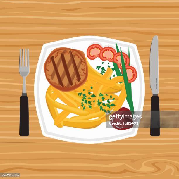 dish of fried potatoes with steak - schnitzel stock illustrations