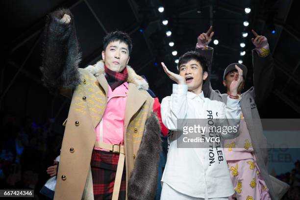 Retired hurdler Liu Xiang and singer Leo Ku Kui-Kei showcase designs at the SOLO CELEB. & HTDG collection by Leo Ku during Shanghai Fashion Week...