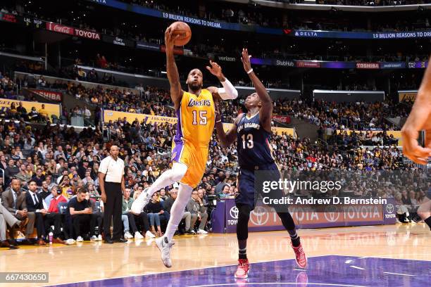 Thomas Robinson of the Los Angeles Lakers goes for a lay up during the game against the New Orleans Pelicans on April 11, 2017 at STAPLES Center in...