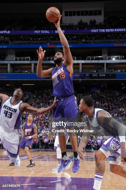 Alan Williams of the Phoenix Suns shoots the ball against the Sacramento Kings on April 11, 2017 at Golden 1 Center in Sacramento, California. NOTE...
