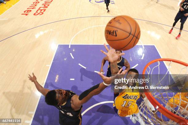 Thomas Robinson of the Los Angeles Lakers goes for the rebound against Solomon Hill of the New Orleans Pelicans on April 11, 2017 at STAPLES Center...