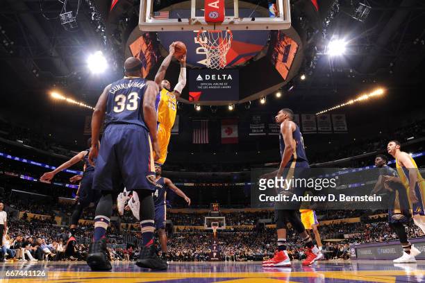 Thomas Robinson of the Los Angeles Lakers dunks the ball during the game against the New Orleans Pelicans on April 11, 2017 at STAPLES Center in Los...