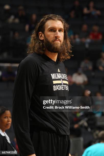 Spencer Hawes of the Milwaukee Bucks is seen before the game against the Charlotte Hornets on March 28, 2017 at the Spectrum Center in Charlotte,...