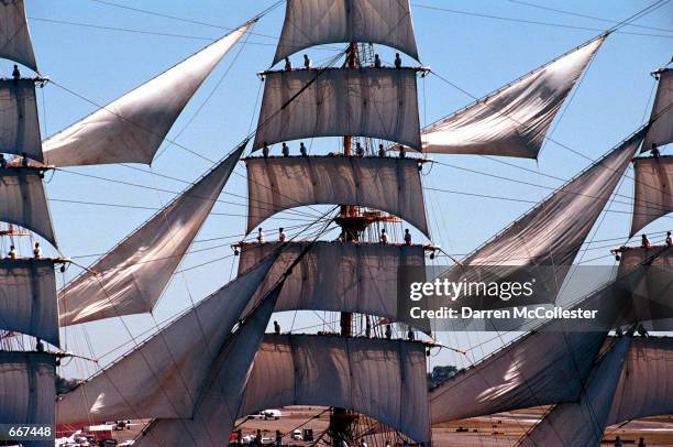 The Tall Ships made their way into Boston Harbor during the Grand Parade of Sails July 11, 2000 in Boston, Ma. More than 2 million people lined the...