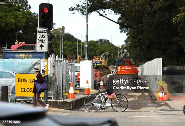 Construction work continues on the Light Rail in Moore Park on April 12, 2017 in Sydney, Australia. The new light rail network for the CBD and South...