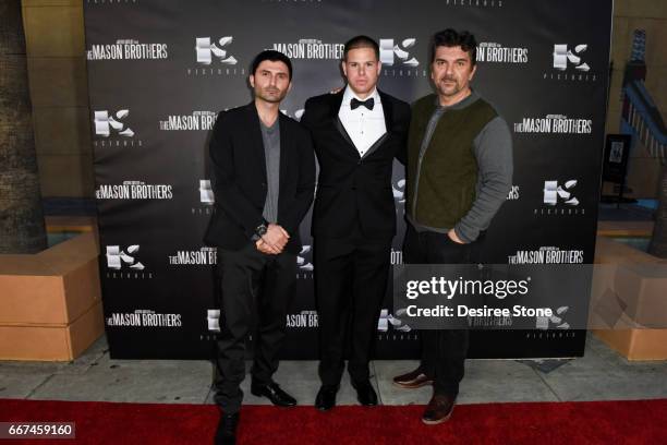 Nazo Bravo, Keith Sutliff, and Stephen C. Sepher attend the premiere of "The Mason Brothers" at the Egyptian Theatre on April 11, 2017 in Hollywood,...