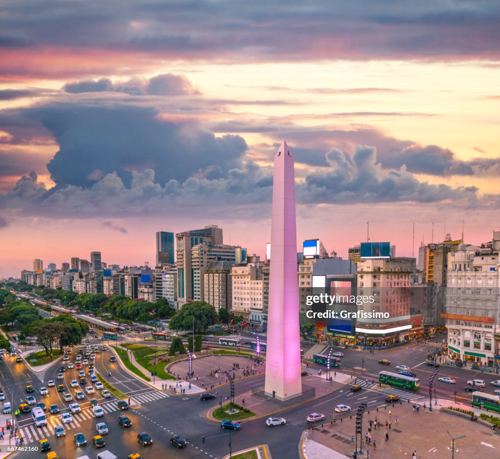 Buenos Aires Argentina downtown rush hour sunset