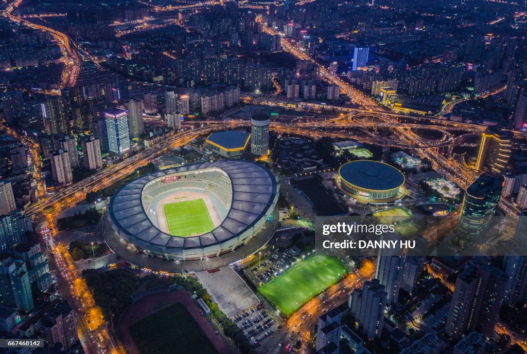 Aerial view of Shanghai stadium in Xuhui district