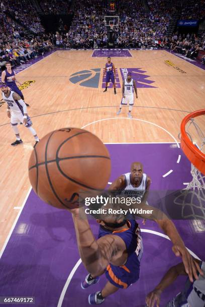 Alan Williams of the Phoenix Suns goes to the basket against the Sacramento Kings on April 11, 2017 at Golden 1 Center in Sacramento, California....