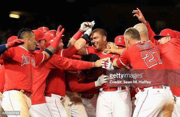 Carlos Perez of the Los Angeles Angels of Anaheim is swarmed by teammates after hitting game winning RBI bunt during the tenth inning of a game...