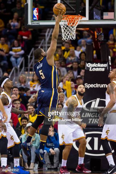 Lavoy Allen of the Indiana Pacers shoots during the second half against the Cleveland Cavaliers at Quicken Loans Arena on April 2, 2017 in Cleveland,...
