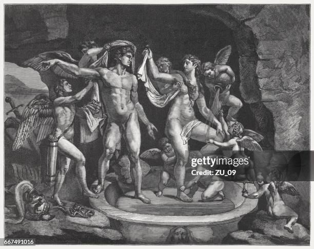 stockillustraties, clipart, cartoons en iconen met venus en mars baden, geschilderd (1525/28) door giulio romano, mantua - mythological character