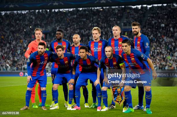 The FC Barcelona starting eleven pictured prior to the UEFA Champions League football match between Juventus FC and FC Barcelona. Juventus FC wins...