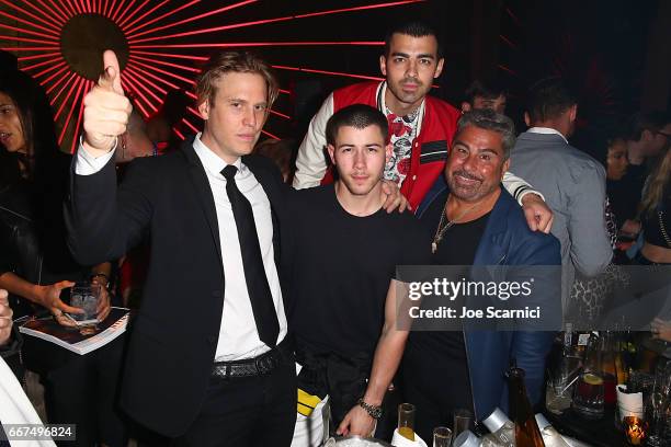 Matthew Bedard, Nick Jonas, Joe Jonas and Luis Barajas attend the Flaunt and Guess celebration of the Alternative Facts Issue hosted by Joe Jonas and...