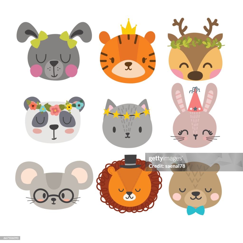 Cute Animals With Funny Accessories Set Of Hand Drawn Smiling Characters  Cat Lion Panda Bunny Dog Tiger Deer Mouse And Bear Cartoon Zoo High-Res  Vector Graphic - Getty Images
