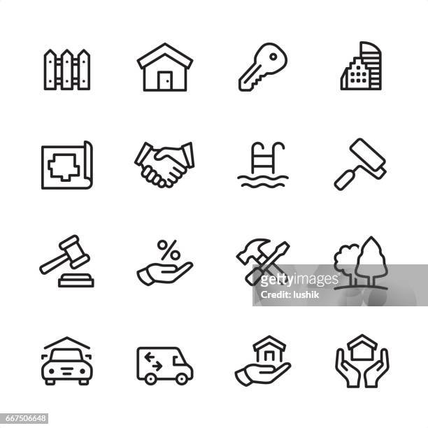 immobilien - gliederung-icon-set - gewerbegebiet stock-grafiken, -clipart, -cartoons und -symbole