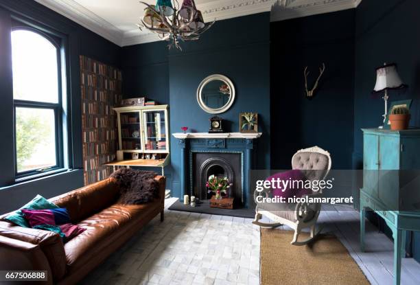 fashionable vintage styled living room - nicolamargaret stock pictures, royalty-free photos & images