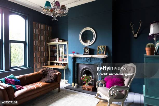 fashionable vintage styled living room - living room stock pictures, royalty-free photos & images