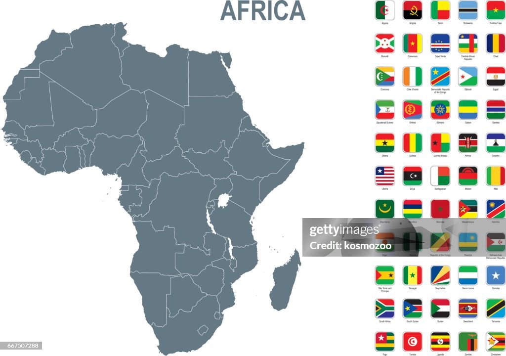 Grey map of Africa with flag against white background