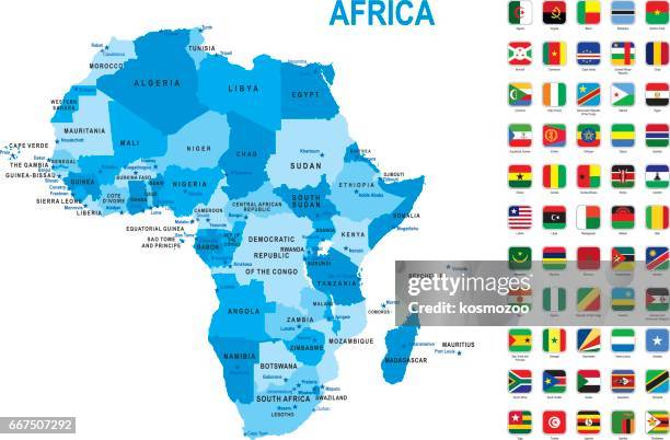 stockillustraties, clipart, cartoons en iconen met blauwe kaart van afrika met vlag tegen witte achtergrond - africa map