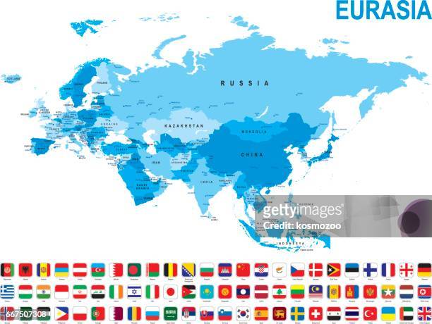 stockillustraties, clipart, cartoons en iconen met blauwe kaart van eurazië met vlag tegen witte achtergrond - eurasia
