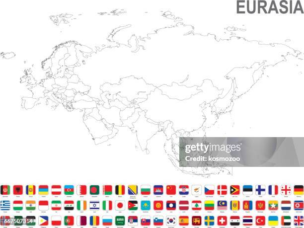 ilustraciones, imágenes clip art, dibujos animados e iconos de stock de blanco mapa de eurasia con bandera sobre fondo blanco - eurasia