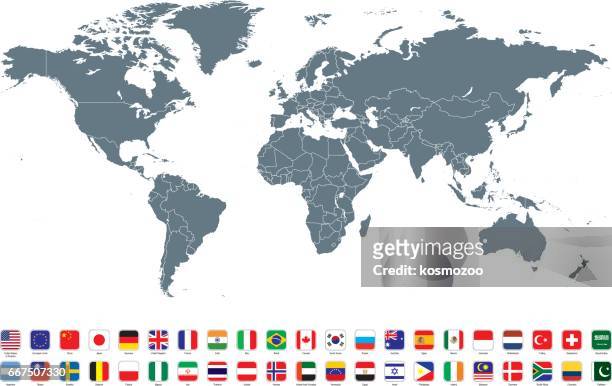 ilustraciones, imágenes clip art, dibujos animados e iconos de stock de mapa del mundo con las banderas más populares contra fondo blanco - eurasia