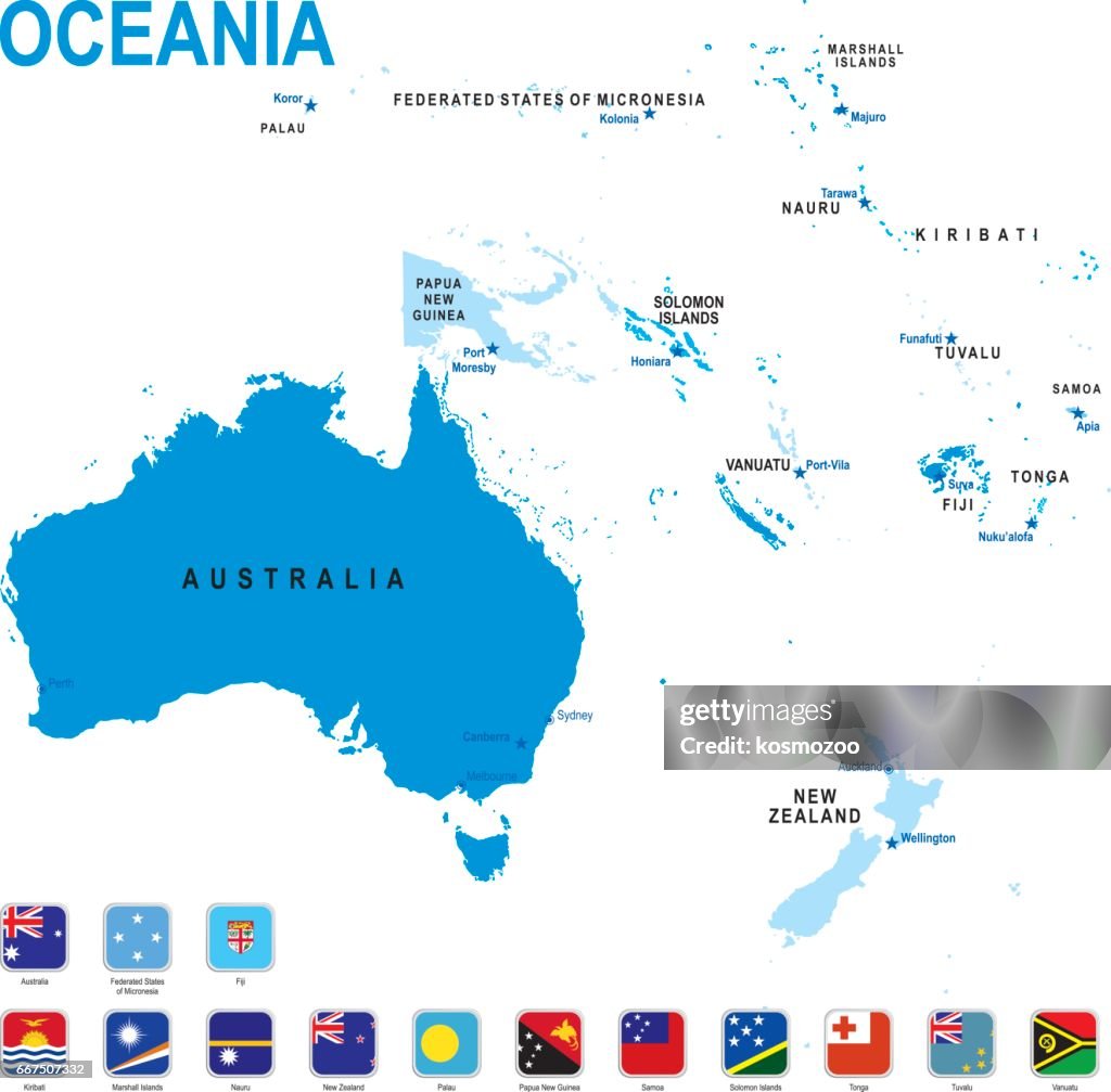Blue map of Oceania with flag against white background