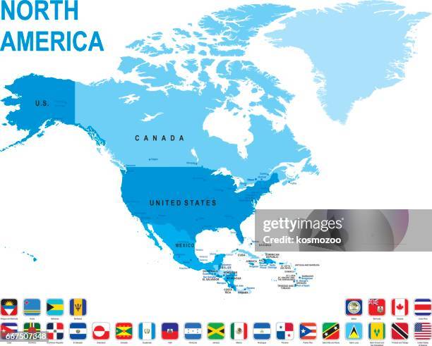 blue map of north america with flag against white background - bermuda map stock illustrations
