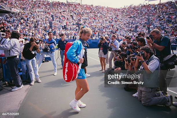 American tennis player Chris Evert at the US Open, held at the USTA National Tennis Center in New York City, August-September 1989. Evert retired...