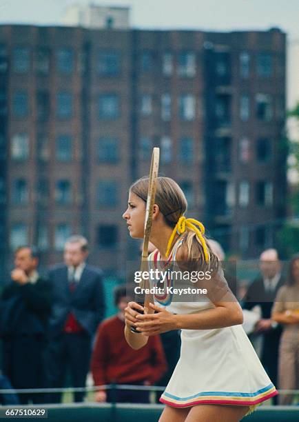 American tennis player Chris Evert competing at The Championships, Wimbledon, London, 1972.