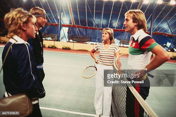 Tennis players Mariana Simionescu, Björn Borg, Chris Evert-Lloyd and John Lloyd, in a marquee in Battersea Park, London, to compete in the Love...