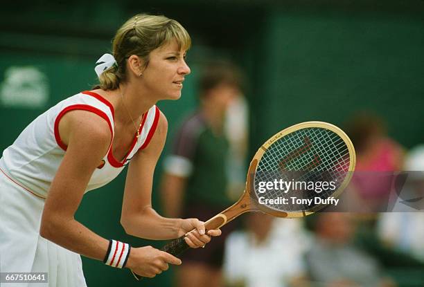 American tennis player Chris Evert-Lloyd competing at The Championships, Wimbledon, London, June-July 1982.