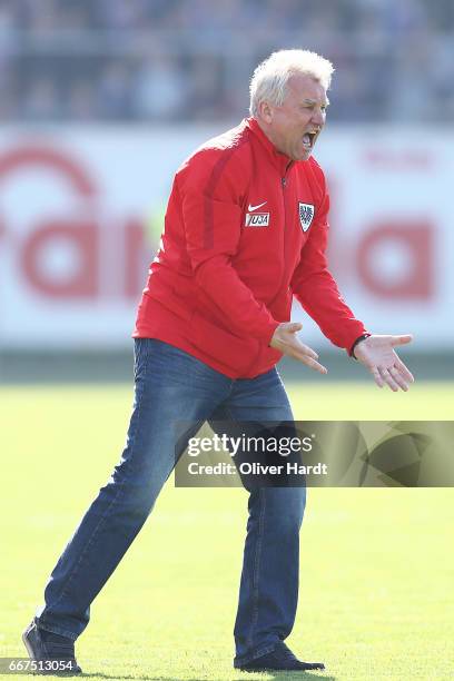 Head coach Benno Moehlmann of Muenster gesticulated during the 3 liga match between Holstein Kiel and Preussen Muenster at Holstein-Stadion on April...