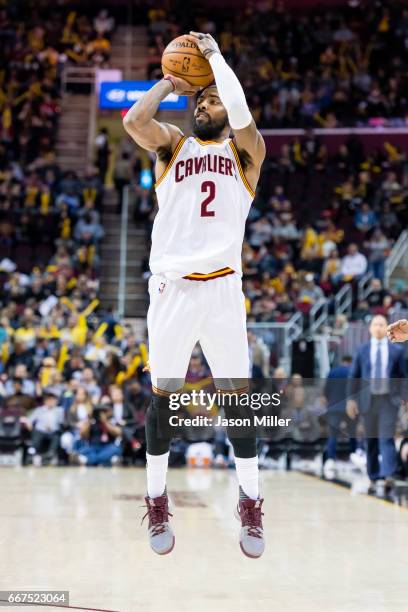 Kyrie Irving of the Cleveland Cavaliers shoots during the second half against the Indiana Pacers at Quicken Loans Arena on April 2, 2017 in...
