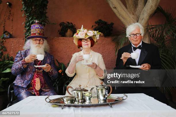 three eccentric artists drinking tea - tea party stock pictures, royalty-free photos & images