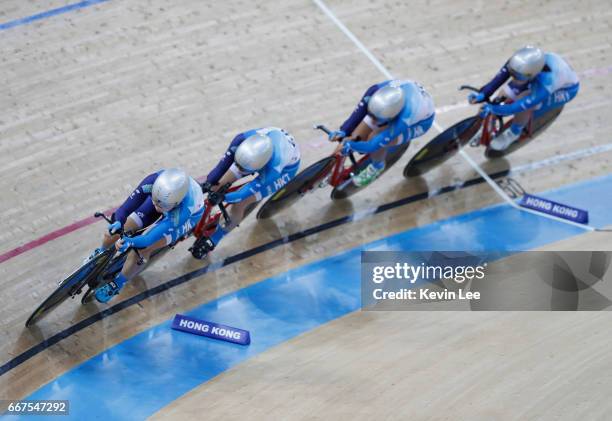 The Hong Kong team competes in the Women's Team Pursuit on day one of the 2017 UCI Track Cycling World Championships at the Hong Kong Velodrome on...