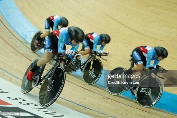 The Canada team competes in the Qualifying Women's Team Pursuit on day one of the 2017 UCI Track Cycling World Championships at the Hong Kong...