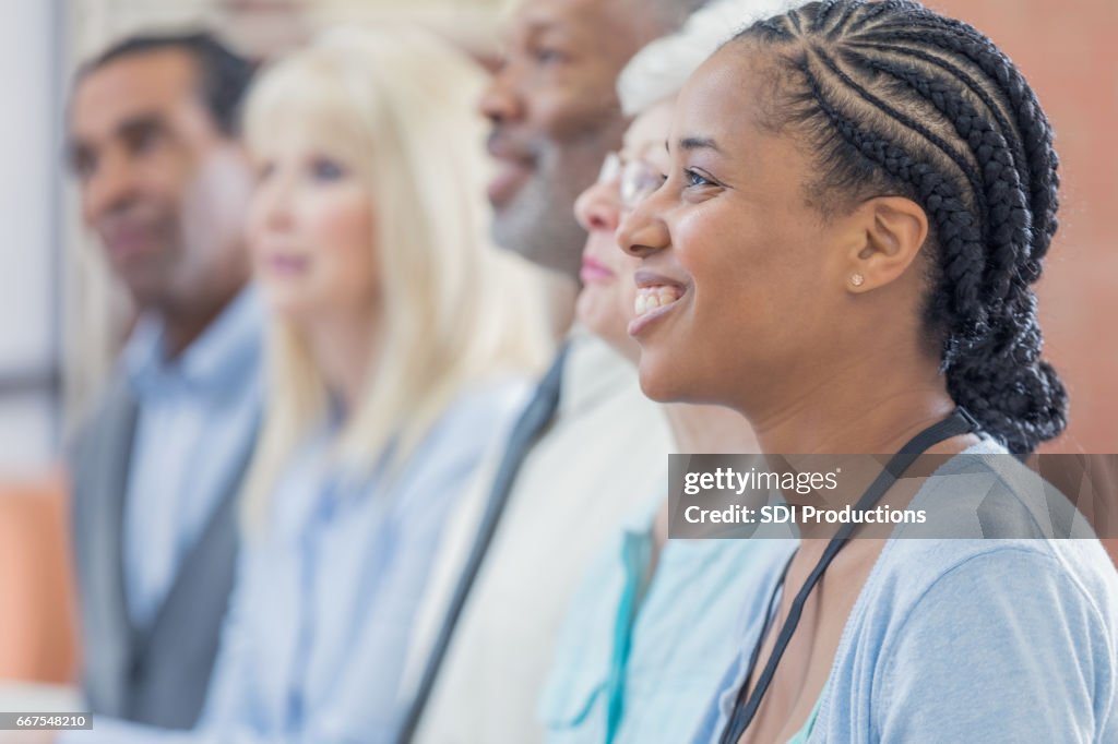 Confident African American businesswoman at a conference