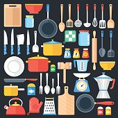 Kitchen utensils set. Kitchenware, cookware, cutlery, kitchen tools collection. Modern flat icons set, graphic elements, objects. Flat design concept. Vector illustration