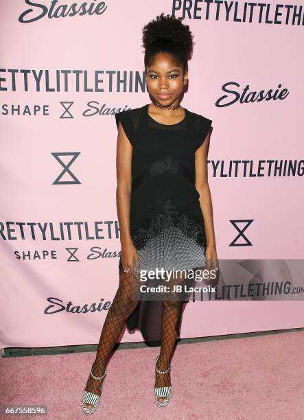 Riele Downs attends the PrettyLittleThing Campaign launch for PLT SHAPE with brand Ambassador Anastasia Karanikolaou on April 11, 2017 in Los...