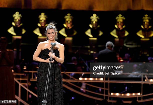 Billie Piper accepts the Best Actress award on stage during The Olivier Awards 2017 at Royal Albert Hall on April 9, 2017 in London, England.