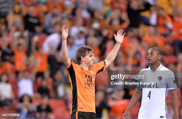 Brett Holman of the Roar celebrates scoring a goal during the AFC Asian Champions League Group Stage match between the Brisbane Roar and Kashima...