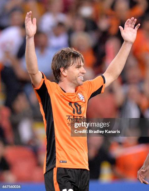 Brett Holman of the Roar celebrates scoring a goal during the AFC Asian Champions League Group Stage match between the Brisbane Roar and Kashima...